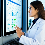 A professional female water engineer in a modest lab coat over appropriate work attire, standing in a sophisticated, brightly lit control room of a modern water treatment facility. Large interactive holographic displays and multiple high-resolution screens show real-time IoT data, water quality parameters, and predictive analytics on a complex water distribution network. She looks thoughtfully at the data, suggesting intelligent water management. The environment is clean and high-tech. Professional photography, high detail, perfect anatomy, correct proportions, natural pose, well-formed hands, proper finger count, natural body proportions, fully clothed, modest clothing, appropriate attire, professional dress, safe for work, appropriate content, professional, family-friendly.