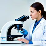 A professional environmental scientist, fully clothed in a modest, clean white lab coat, standing in a well-lit, modern laboratory. The scientist is looking intently into a high-powered microscope, with a clear water sample on the stage. The view through the microscope is subtly represented as a vibrant, abstract depiction of healthy, diverse microorganisms, symbolizing their unseen work in water purification. The background features sterile lab benches and subtle scientific equipment. Safe for work, appropriate content, fully clothed, professional dress, perfect anatomy, correct proportions, natural pose, well-formed hands, proper finger count, high-resolution, professional photography, studio lighting.