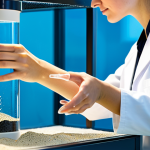 A professional female hydrologist, fully clothed in a modest lab coat, thoughtfully observing a transparent, conceptual model of a multi-layered natural water filter. The model is prominently displayed in a brightly lit, modern environmental science laboratory or educational facility. It clearly shows distinct strata of coarse gravel, fine sand, and biochar, with crystal-clear water visibly percolating through the layers. Subtle, gentle glowing elements within the filter layers suggest microscopic activity and biological purification. The image should convey a sense of scientific innovation and natural harmony, rendered in high-resolution, professional photography with scientific illustration qualities. Perfect anatomy, correct proportions, natural pose, well-formed hands, proper finger count. Safe for work, appropriate content, fully clothed, professional.