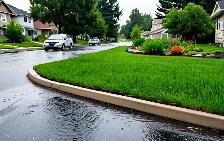 Bioswale in a Suburban Neighborhood**

"A vibrant bioswale filled with native plants running alongside a quiet suburban street. Houses with well-maintained lawns are visible in the background. The bioswale is capturing rainwater during a light shower, with clear water flowing through the vegetation. Professional photography, high quality, perfect anatomy, correct proportions, natural pose, safe for work, appropriate content, fully clothed, modest, family-friendly."

**