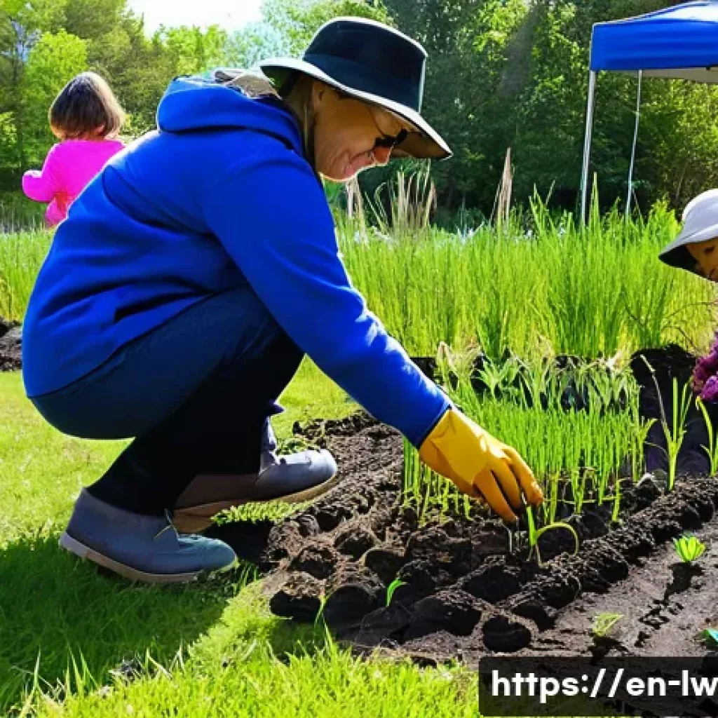 자연형 물 정화 시스템에서의 지역 주민 참여 - A vibrant community event in a suburban park where diverse volunteers—including families and seniors...