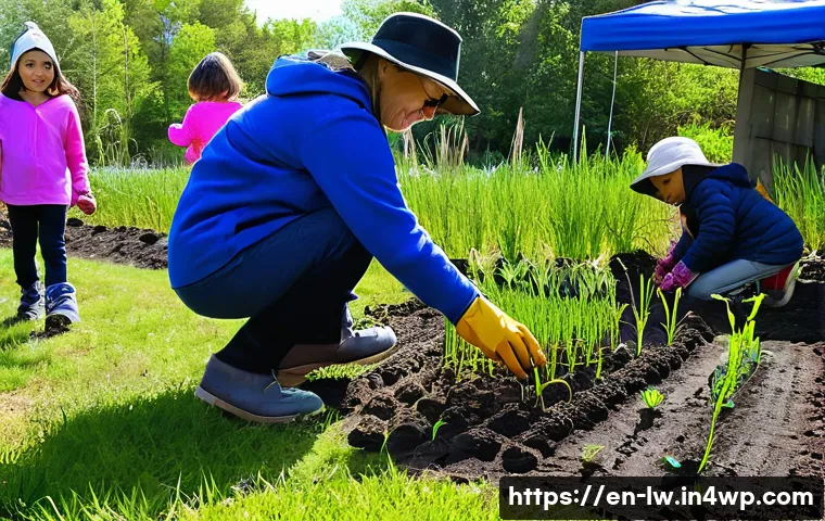 자연형 물 정화 시스템에서의 지역 주민 참여 - A vibrant community event in a suburban park where diverse volunteers—including families and seniors...