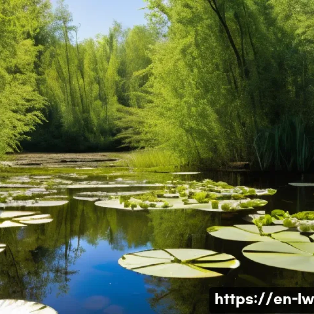 자연형 물 정화 시스템의 성과 평가 방법 - A vibrant constructed wetland ecosystem during daytime, showcasing diverse aquatic plants including ...