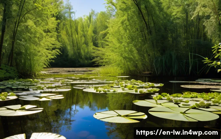 자연형 물 정화 시스템의 성과 평가 방법 - A vibrant constructed wetland ecosystem during daytime, showcasing diverse aquatic plants including ...