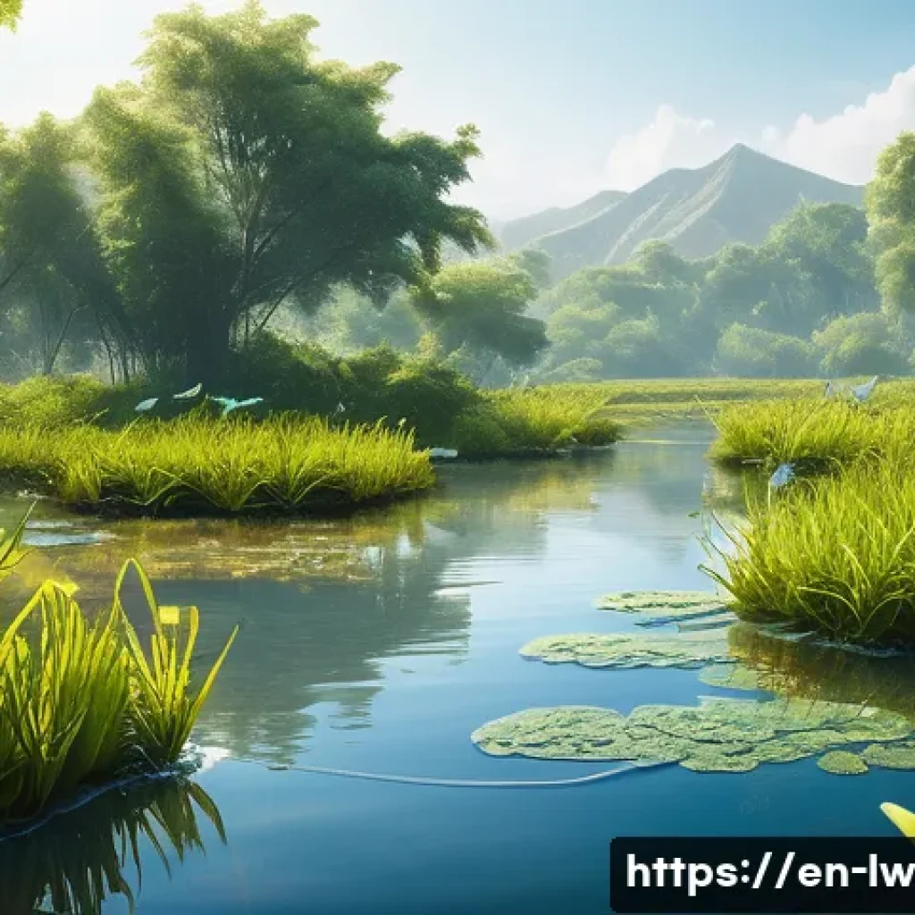 자연형 물 정화 시스템의 장단점 분석 - A vibrant constructed wetland scene under bright sunlight, showcasing dense aquatic plants with visi...