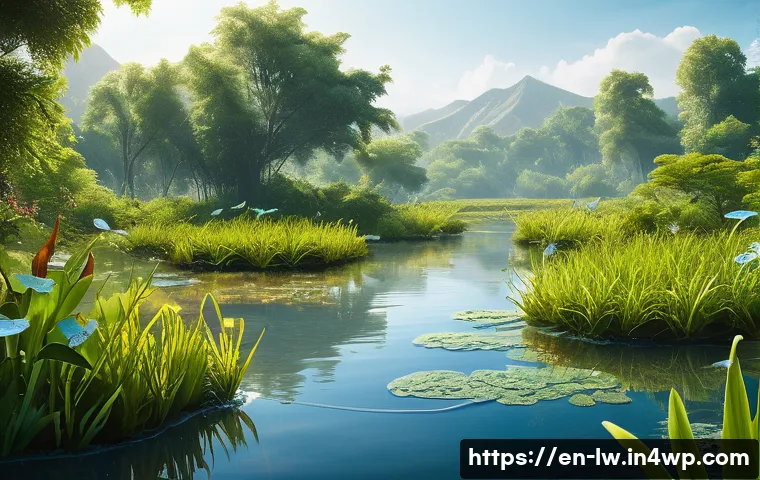자연형 물 정화 시스템의 장단점 분석 - A vibrant constructed wetland scene under bright sunlight, showcasing dense aquatic plants with visi...