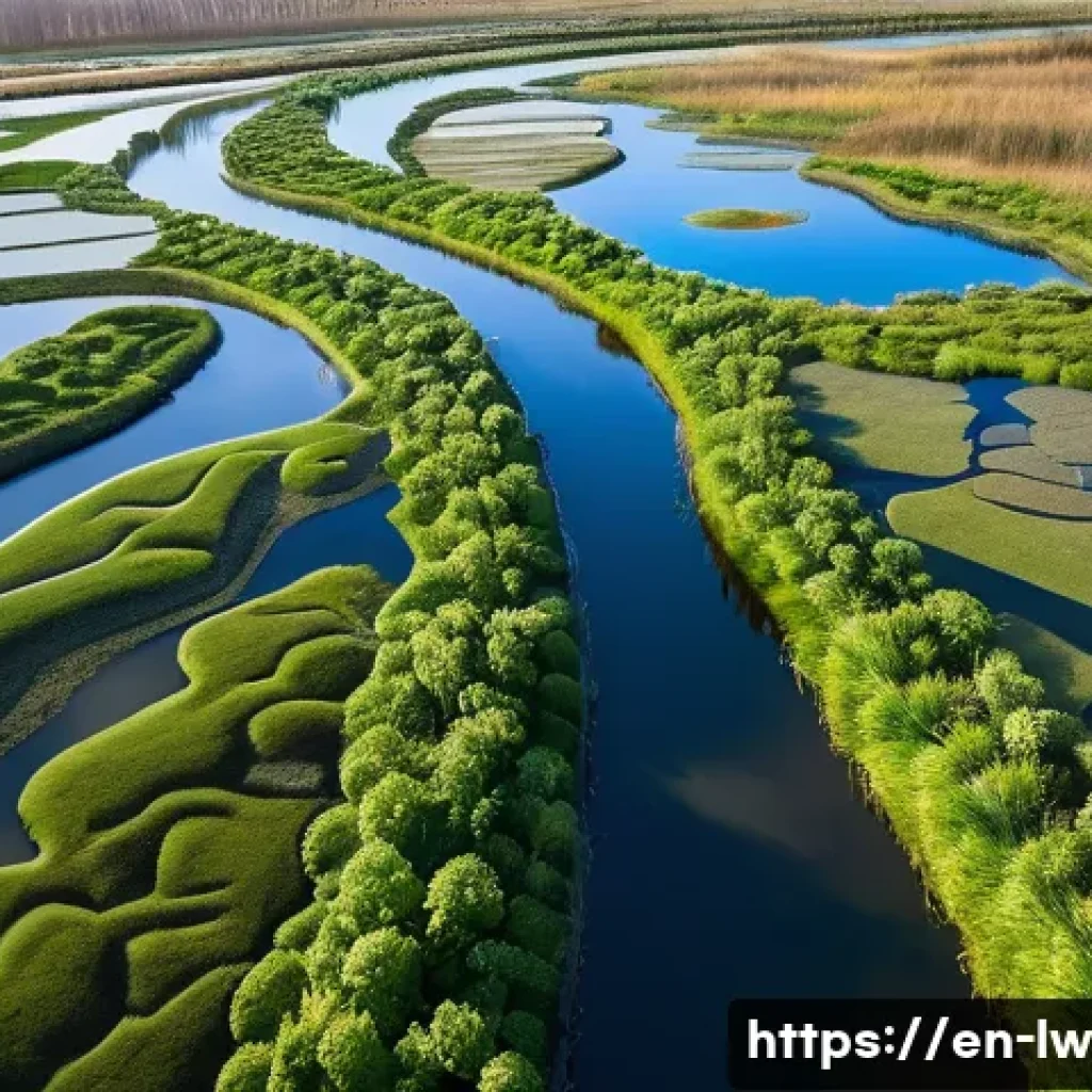 자연형 물 정화 시스템의 미래 전망 - A detailed aerial view of a constructed wetland system in a temperate eco-park during spring, showca...