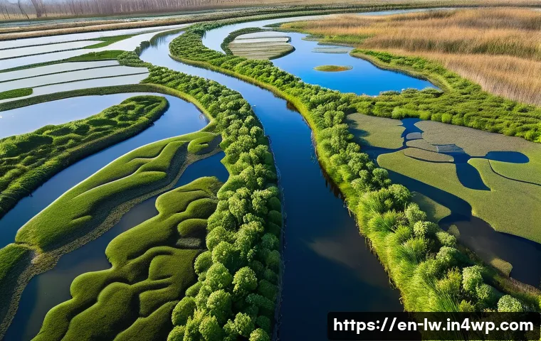자연형 물 정화 시스템의 미래 전망 - A detailed aerial view of a constructed wetland system in a temperate eco-park during spring, showca...