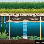 Home 20 자연형 물 정화 시스템 유지보수 방법 - A detailed cross-sectional illustration of a natural water purification system showing layered filte...