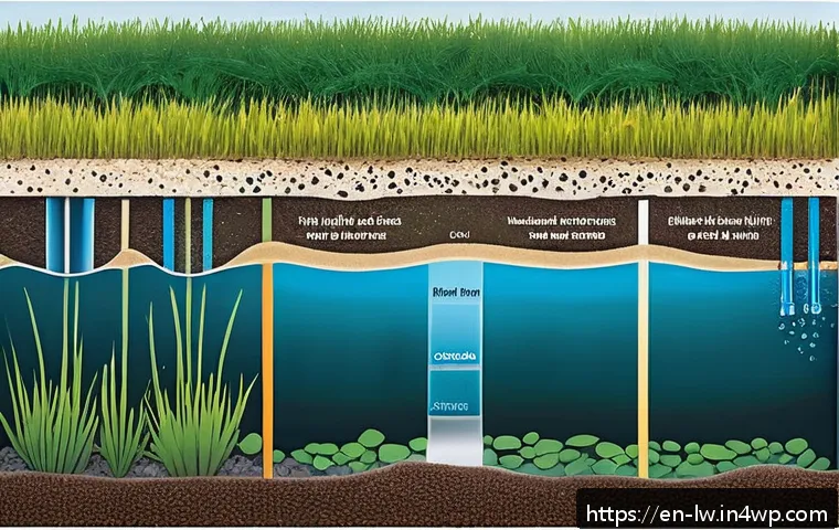 자연형 물 정화 시스템 유지보수 방법 - A detailed cross-sectional illustration of a natural water purification system showing layered filte...