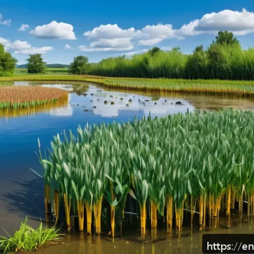 Home 31 자연형 물 정화 시스템을 활용한 연구 프로젝트 - A vibrant constructed wetland scene during daytime, showing a series of shallow water beds filled wi...
