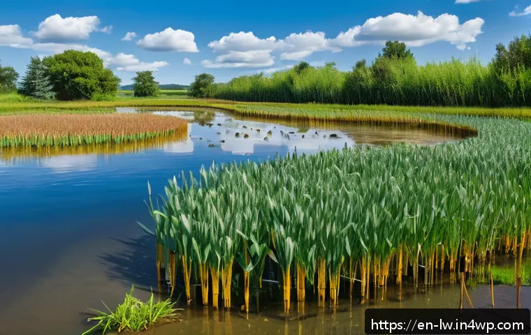 자연형 물 정화 시스템을 활용한 연구 프로젝트 - A vibrant constructed wetland scene during daytime, showing a series of shallow water beds filled wi...