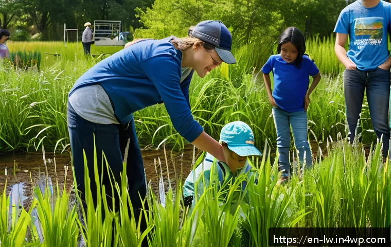 자연형 물 정화 시스템의 지역사회 교육 프로그램 개발 - A vibrant community workshop scene in a suburban park during daytime, featuring diverse adults and c...