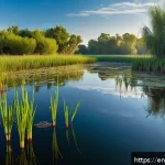 Home 23 자연형 물 정화 시스템의 구조적 요소 - A vibrant wetland scene during early morning light, featuring dense cattails and reeds along slow-mo...