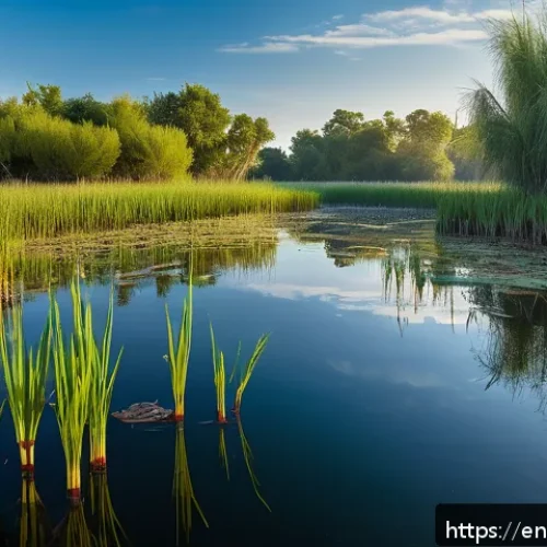 Home 17 자연형 물 정화 시스템의 구조적 요소 - A vibrant wetland scene during early morning light, featuring dense cattails and reeds along slow-mo...