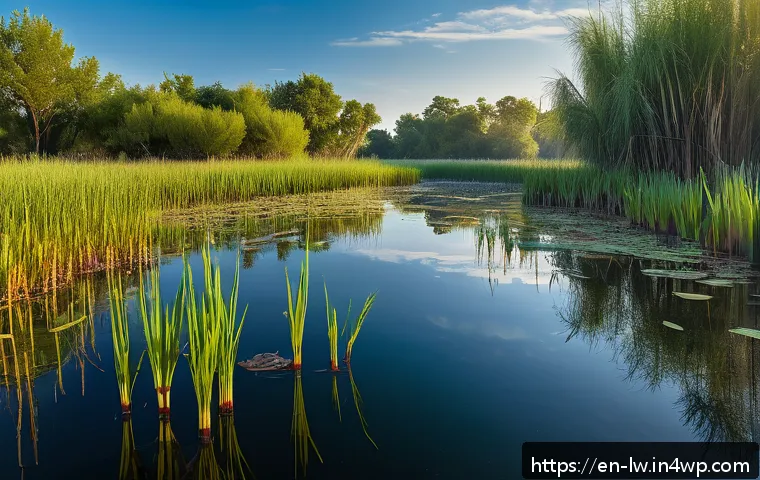 자연형 물 정화 시스템의 구조적 요소 - A vibrant wetland scene during early morning light, featuring dense cattails and reeds along slow-mo...
