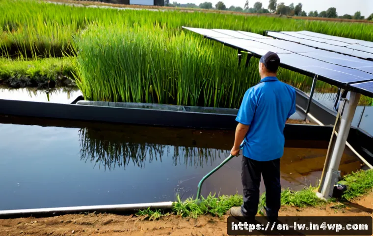 자연형 물 정화 시스템의 비즈니스 모델 개발 - Photorealistic wide-angle view of a community-scale natural water purification business, a construct...