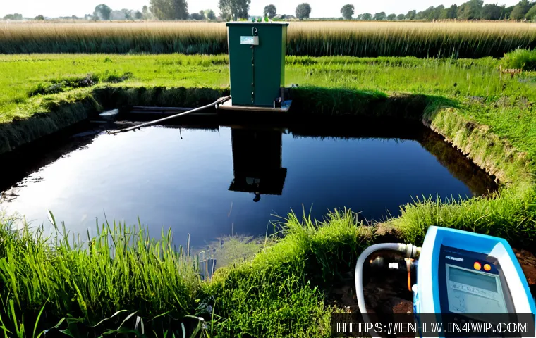 자연형 물 정화 시스템의 기술적 도전 과제 - Photorealistic wide-angle view of a constructed wetland water purification system at a rural communi...